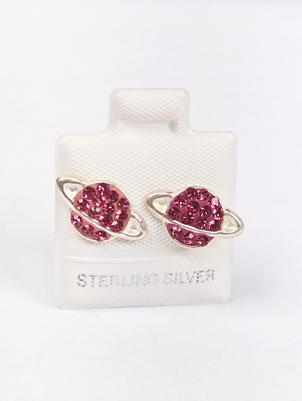 Saturn Planet CZ Pink Earrings 925 Sterling Silver Celestial Space 8.5mm